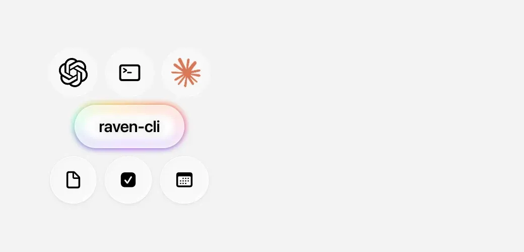 OpenAI, terminal and Claude marks around the raven-cli tool, over icons for notes, tasks and journal