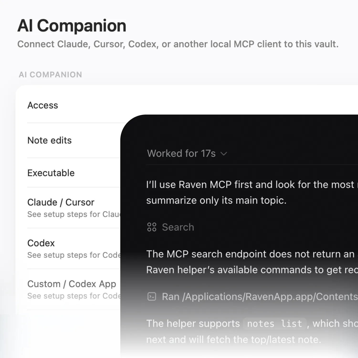 Raven's AI Companion settings connecting Claude, Cursor, and Codex over MCP, with an agent working in the vault.