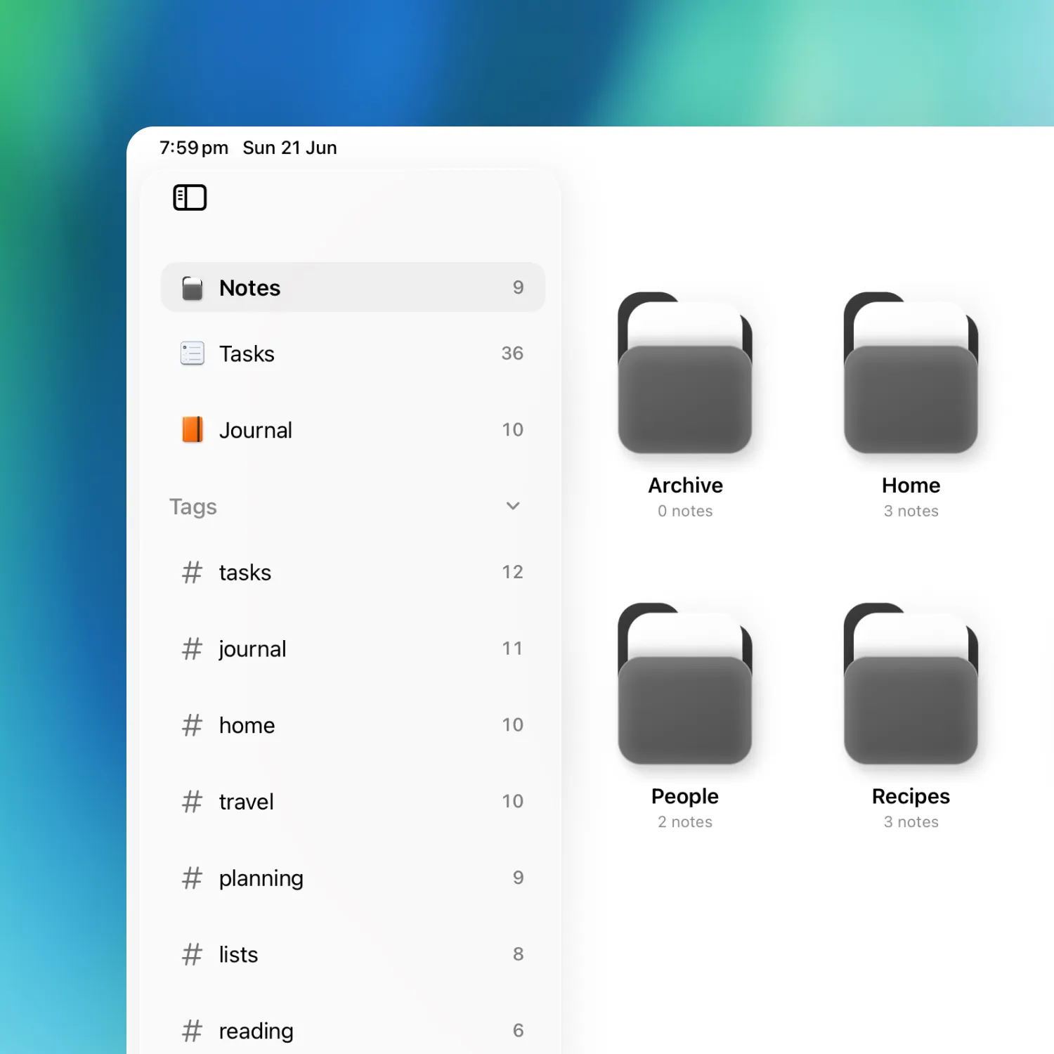 Raven on iPad showing the sidebar beside a grid of folders.