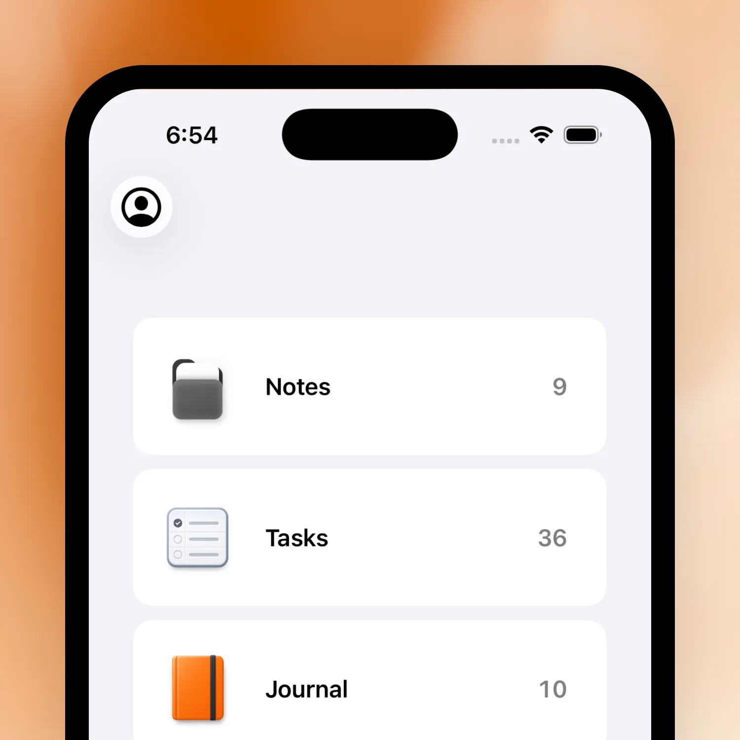 Raven iPhone home with Notes, Tasks, and Journal.