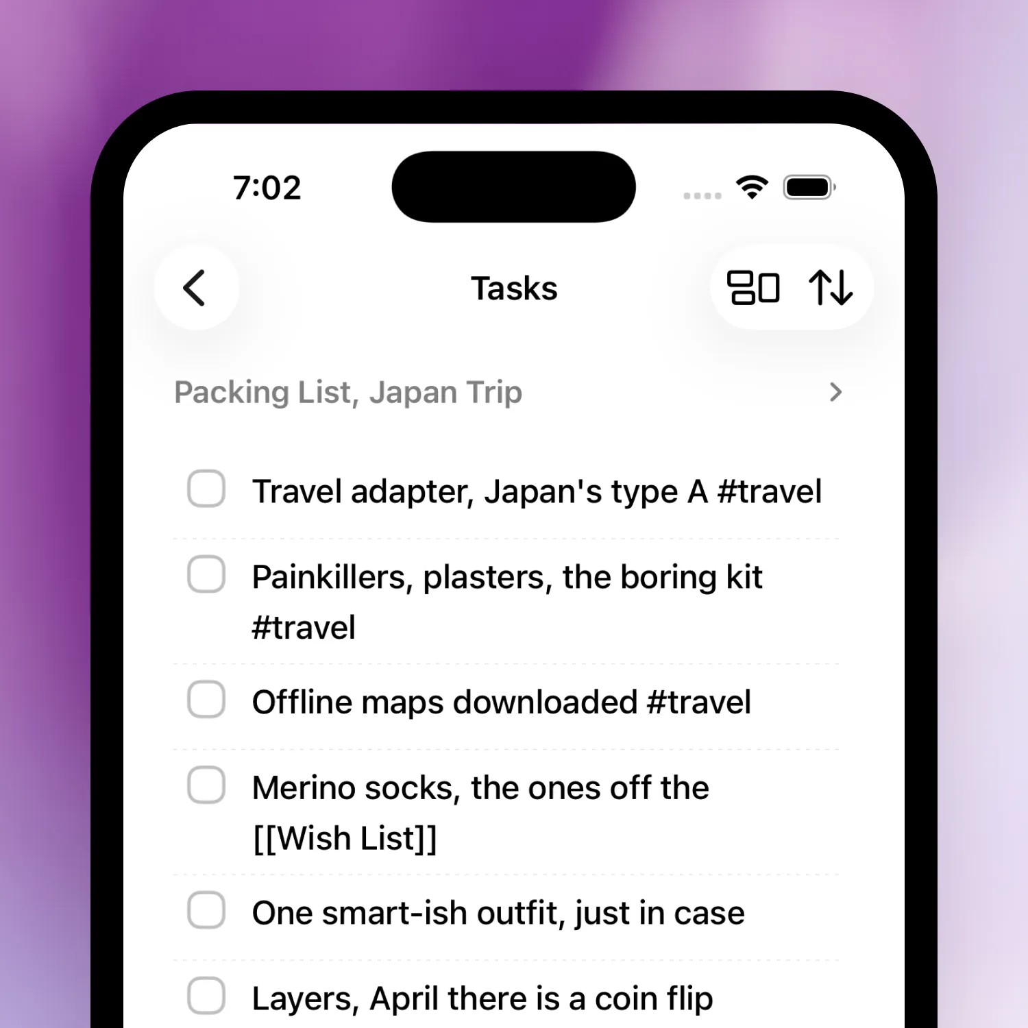 Raven tasks on iPhone with tags and a wikilink.