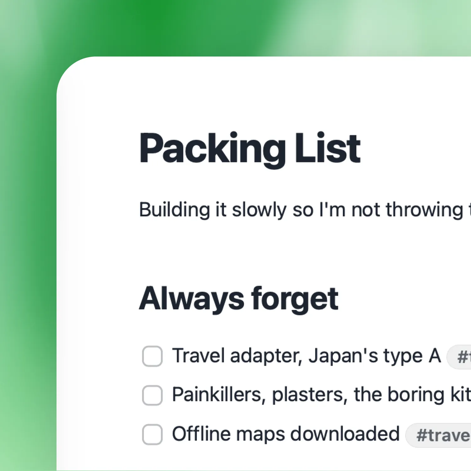 A packing checklist with tags in Raven.