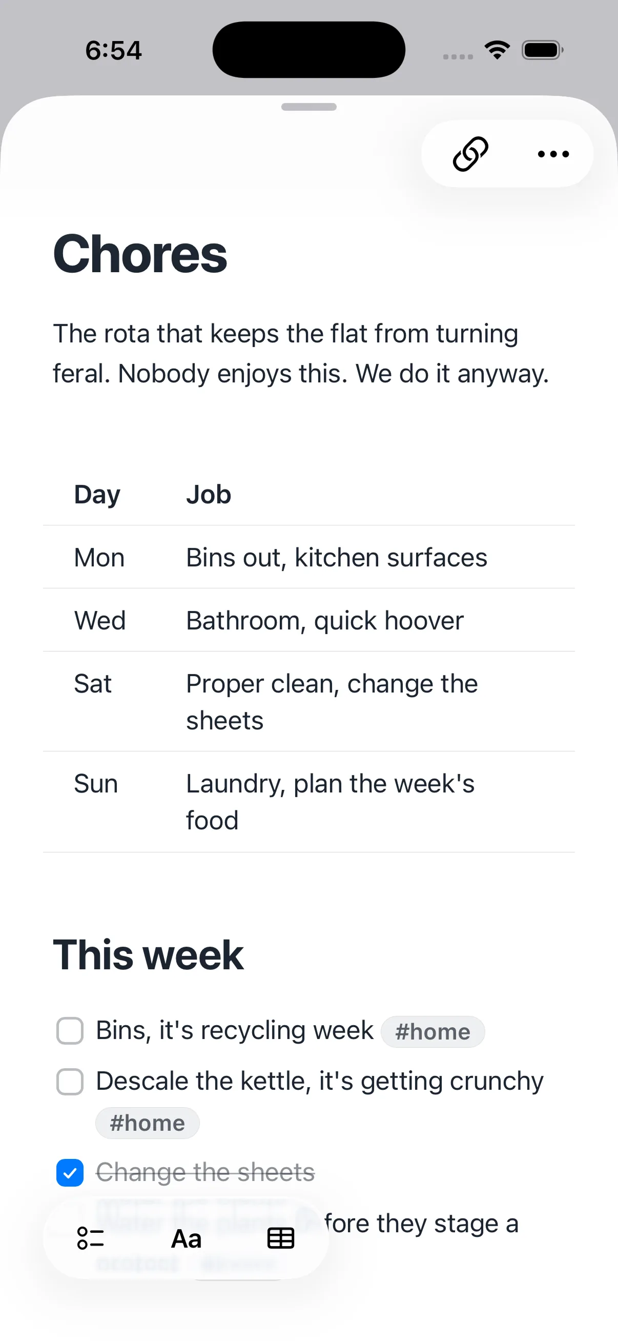 Raven iPhone showing a Chores note with a Markdown table and a checklist.