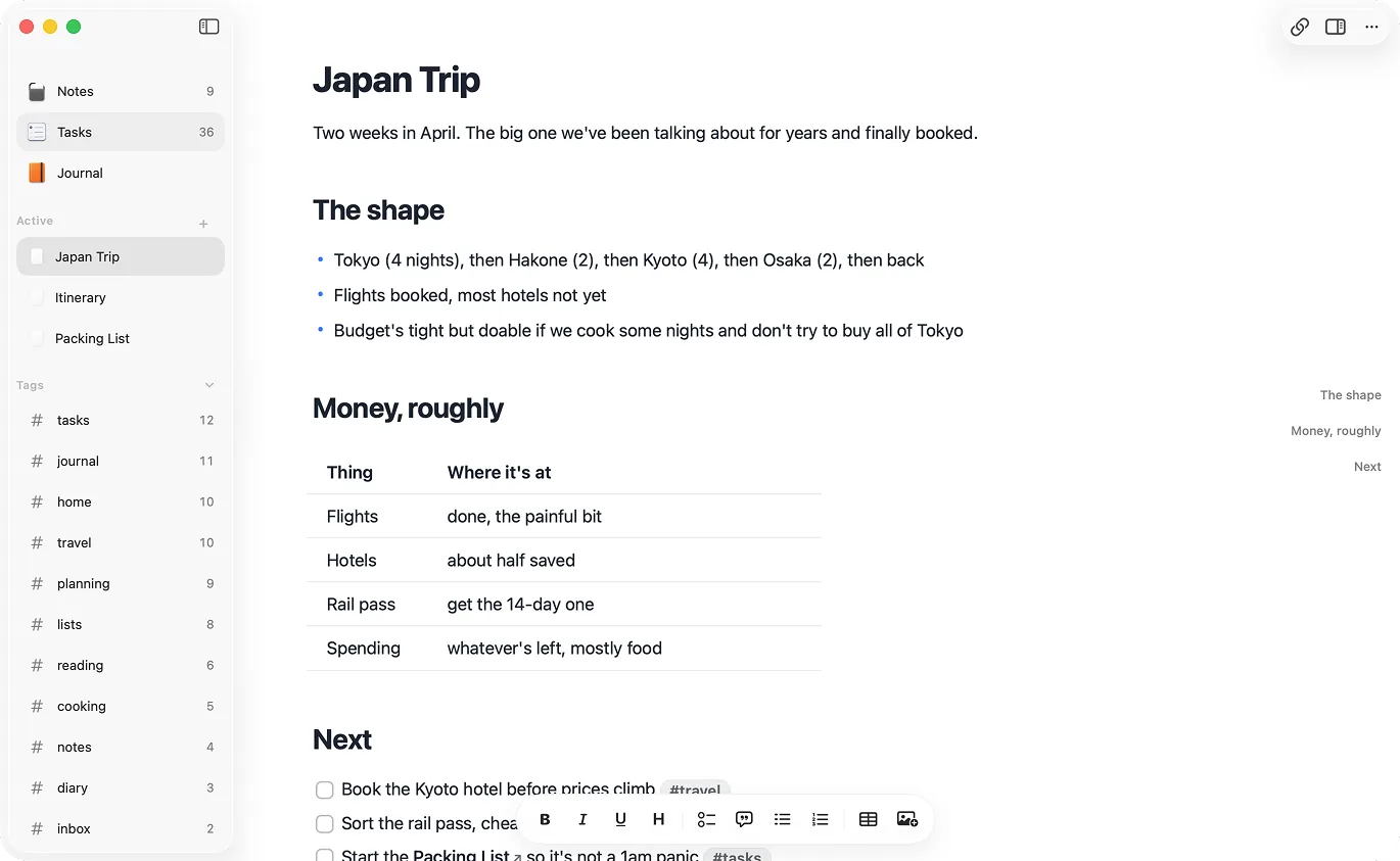 Raven on Mac showing a Japan trip note with headings, a Markdown table, and a task list in a calm native window.