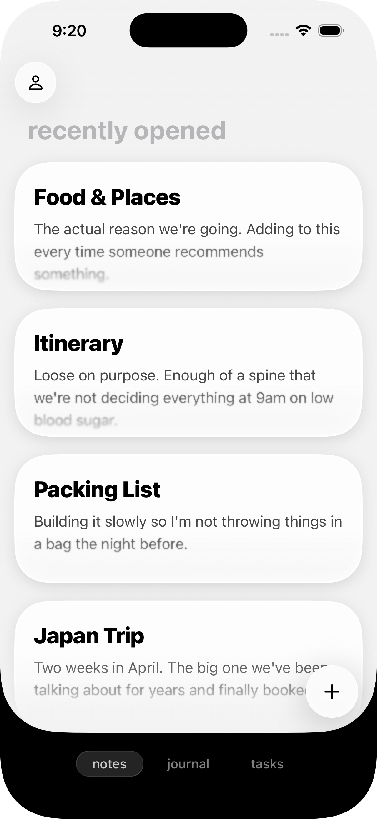 Raven notes list with recently opened notes, folders and tags
