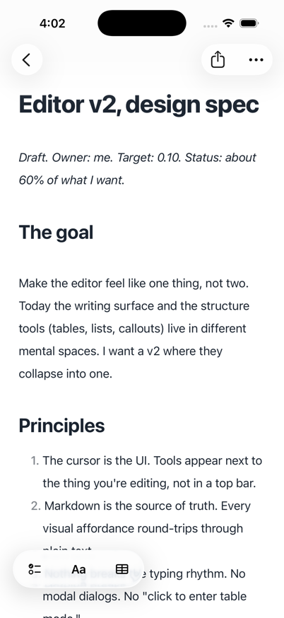 Raven iPhone editor showing the current writing toolbar, headings, and clean native typography.