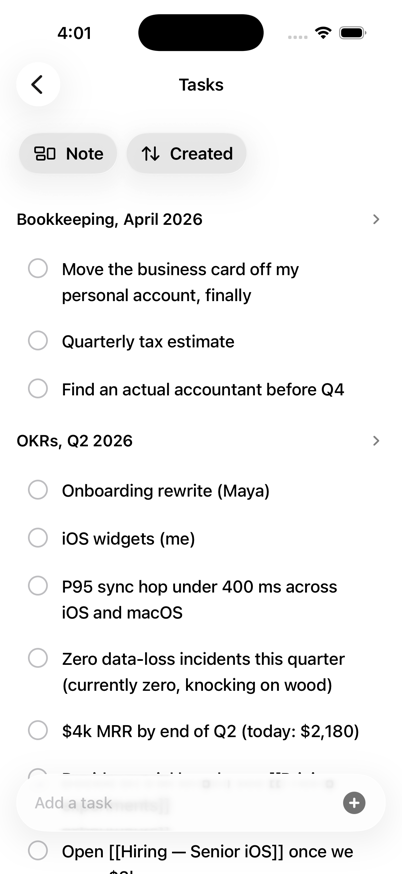 Raven iPhone Tasks view showing tasks grouped from multiple notes with filters.